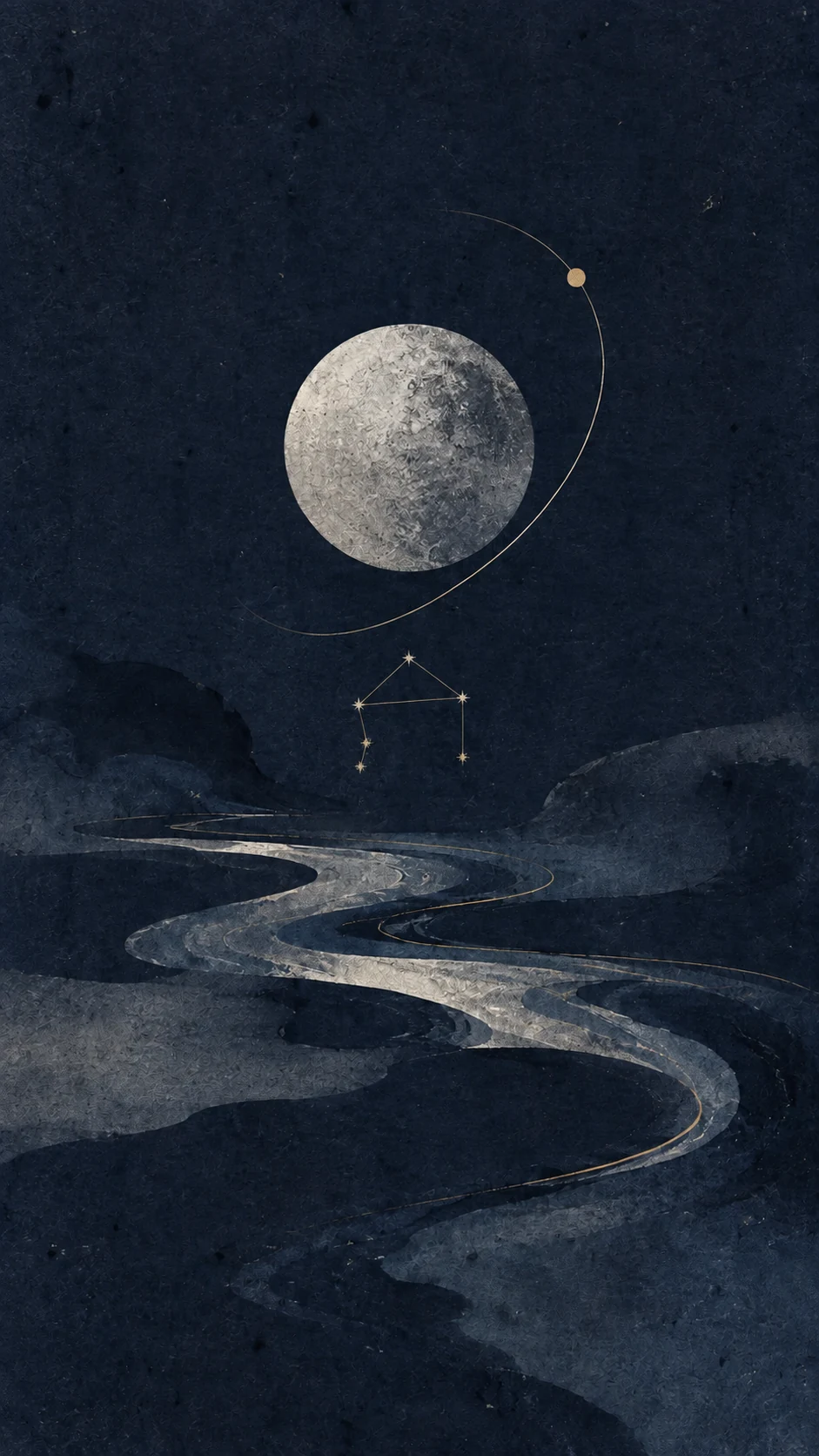 Libra constellation over a silver river, inspired by Water and Metal