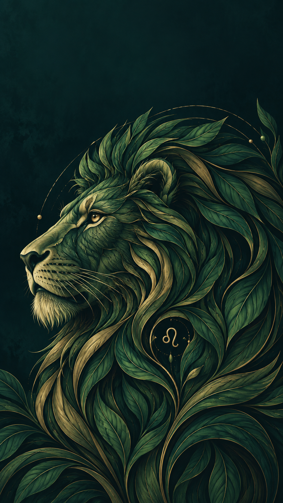 Leo lion with a leafy Wood-inspired mane