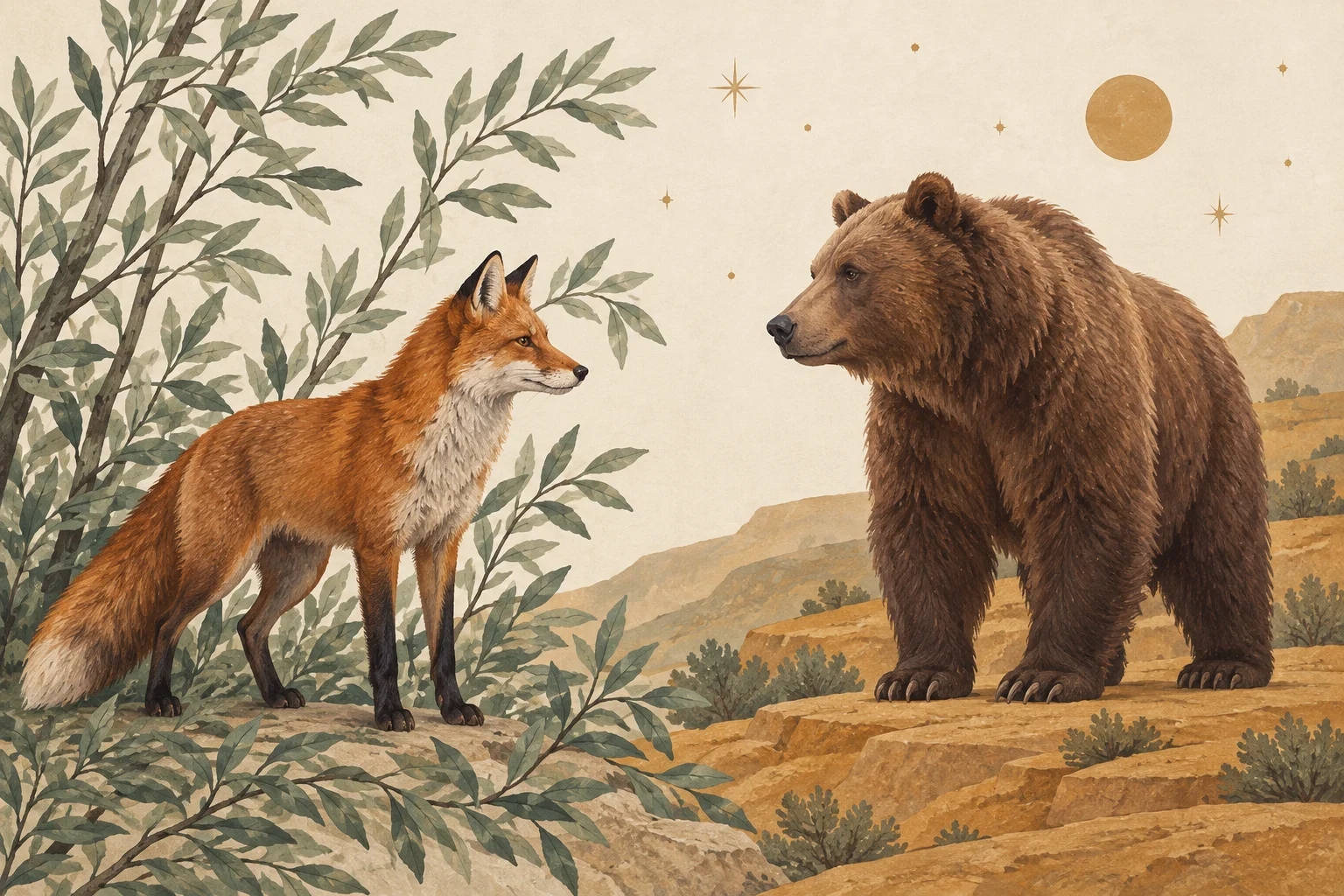 Fox and bear as editorial personality metaphors, with Wood and Earth motifs
