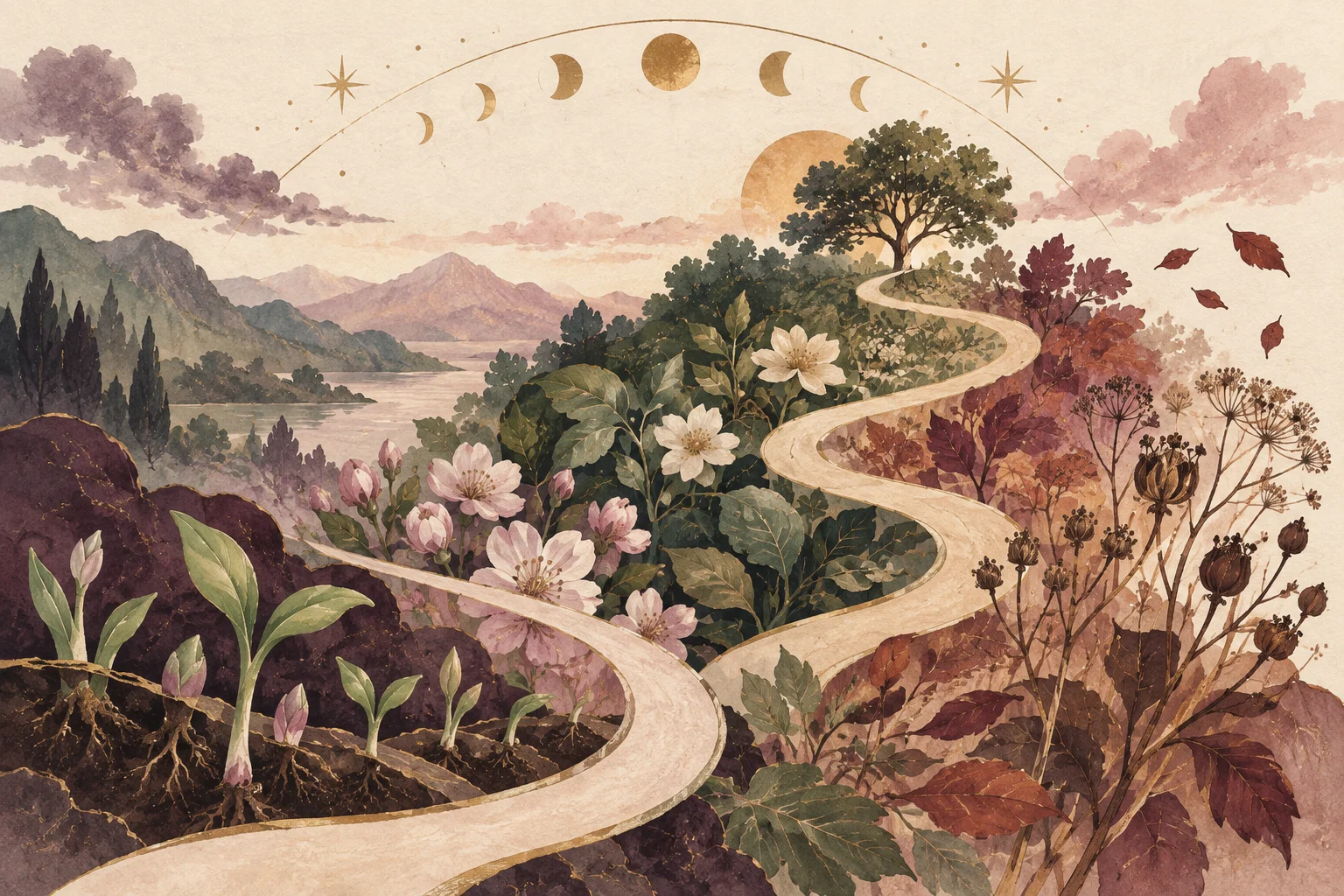 Illustration of a winding path through changing botanical seasons